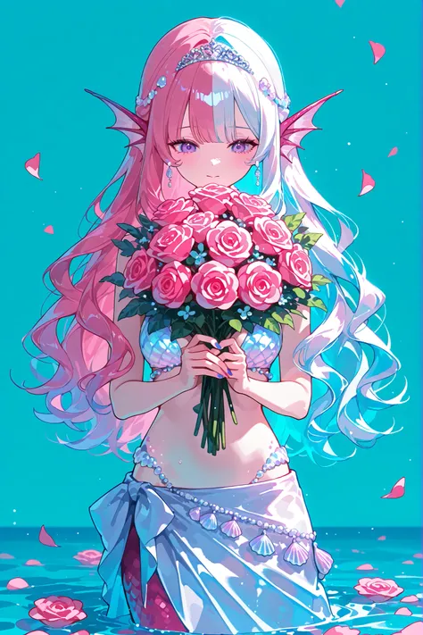 (MULTICOLORED HAIR, TWO-TONE HAIR,MIX OF turquoise AND VIOLET-pink HAIR,SPLIT-COLOR HAIR,) The France Queen mermaid. She has pink skin covered with scales. She has pink ear fins with silver seashell earrings. she has a purple eyes. She has kinky hair with...