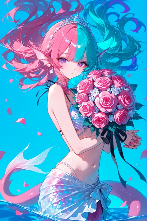 (MULTICOLORED HAIR, TWO-TONE HAIR,MIX OF turquoise AND VIOLET-pink HAIR,SPLIT-COLOR HAIR,) The France Queen mermaid. She has pink skin covered with scales. She has pink ear fins with silver seashell earrings. she has a purple eyes. She has kinky hair with...