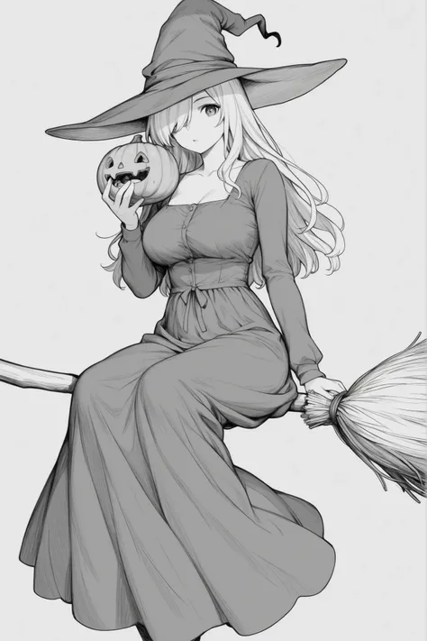 broom riding, long dress, white background, dress, holding, hat, long sleeves, monochrome, jack-o'-lantern, vegetable, holding food, 1girl, solo, hair over one eye, pumpkin, broom, long hair, sidesaddle, holding vegetable, simple background, witch hat, loo...