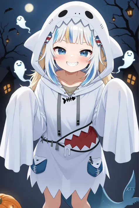 ghost costume, hair ornament, grin, halloween, sleeves past wrists, 1girl, solo, sleeves past fingers, fish tail, smile, night, long hair, streaked hair, ghost, blue hair, blue eyes, tail, looking at viewer, hood, blush, multicolored hair, twintails, fins,...