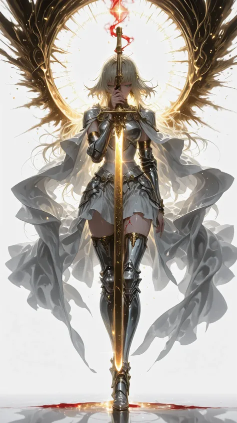  gold jewelry, Heroic Temperament, battle atmosphere, reflective metal surface ,   silver armor, bright lighting, Simple Background, white background, bright light , magnificent, magic particles, seductive aura, physical fluid fabric, intricate  gold jewel...