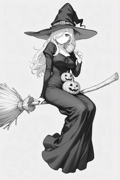 broom riding, long dress, white background, dress, holding, hat, long sleeves, monochrome, jack-o'-lantern, vegetable, holding food, 1girl, solo, hair over one eye, pumpkin, broom, long hair, sidesaddle, holding vegetable, simple background, witch hat, loo...