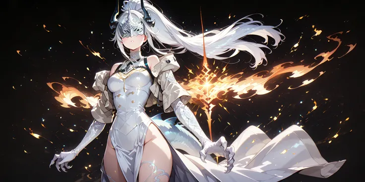 Alone, 1 girl, white energy hair, hairstyle like Sylpha Langlis from Tensei Shitara Dai Nana Ōji, tied in a long ponytail, eyes covered by a silver mask with the same design as the Fire Keeper's mask, perfect, student, young character, short character, cha...