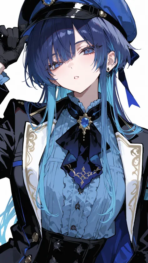 girl,blue hair,in blue eyes,Long Sleeve,long hair, Tomboy,Suit,with black gloves,Put on a cap,white background,black highlights,Blouse,