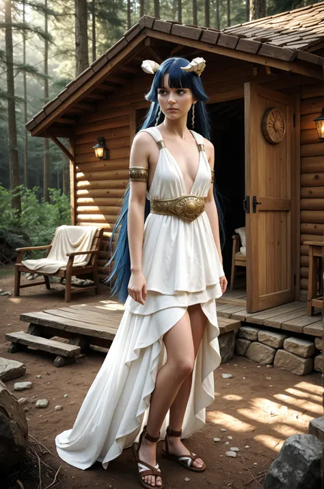 1girl, SaphirMaasa, 150cm, very long hair, blue hair, blue eyes, hair tubes, blunt bangs, horns, ancient Greek clothes, small breasts, sleeveless dress, white dress, sandals, belt, armlet, alone, standing outside a rustic cabin, forest outdoors, natural li...
