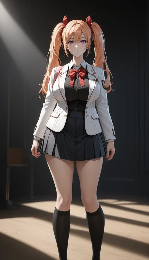 masterpiece,Highest Quality,high definition,pale orange hair ,long hair,twin tails,hair bow,uniform,red ribbon,Striped Ribbons,blazer after face,white jacket,long sleeve,black pleated skirt, black thigh-high socks,school,cowboy shot,standing,big boobs,curv...