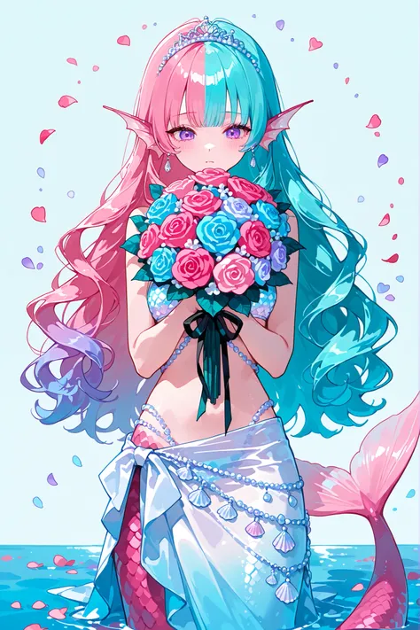 (MULTICOLORED HAIR, TWO-TONE HAIR,MIX OF turquoise AND VIOLET-pink HAIR,SPLIT-COLOR HAIR,) The France Queen mermaid. She has pink skin covered with scales. She has pink ear fins with silver seashell earrings. she has a purple eyes.  She has kinky hair with...