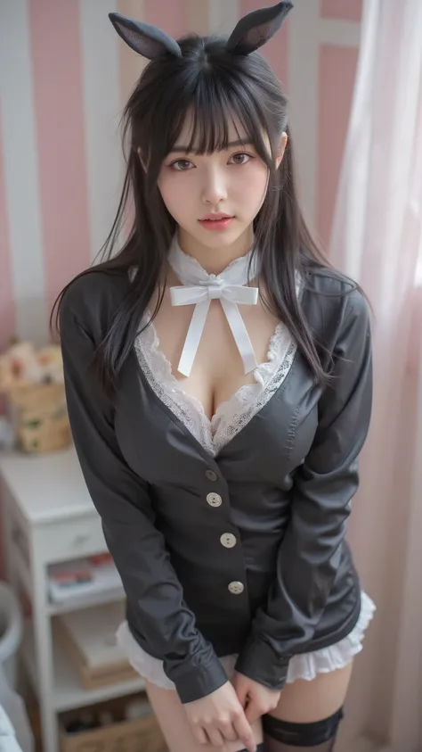 JP,JP1,,JPp,,Sliding Areolas,JP,JP,(masterpiece, Highest Quality:1.2), 1girl, solo,young woman with long black hair and bangs, she wears a black and white bunny costume、with a bow tie and buttons, Paired with lace stockings、A room with vertical pink and wh...