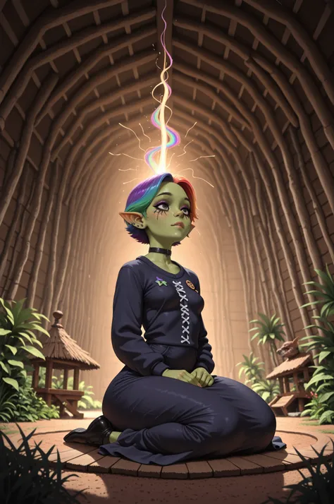 femboy punk, rainbow colors hair, black eye , facial piercings, eye makeup, small breasts, meduim hips, (goblin femboy:1.0) (shortstack:1.0) (green skin:1.0) (pointy ears:1.0) (wide hips:1.0) boy. crossdressing, femboy. medium hips, very short hair. Bouffa...