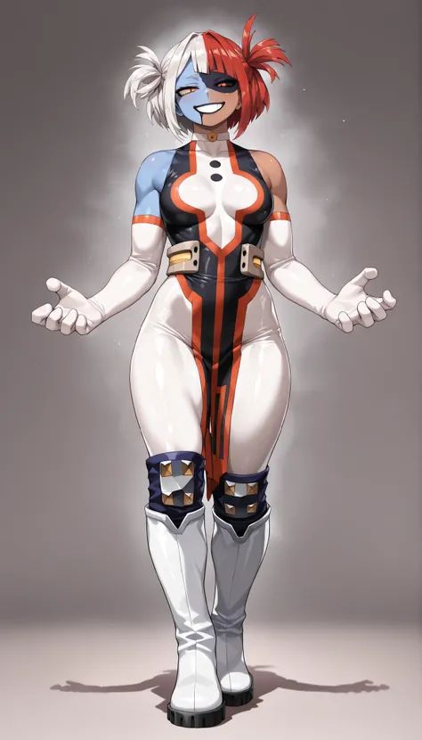 ((Highest Quality)), ((Simple Light Grey Background)), (My Hero Academia style), standing, 1female, female, solo, tall body, toned body, slender body, athletic body, standing, Full Body, medium breast, hips, thighs, (((Two-tone colored skin))), (half-side ...