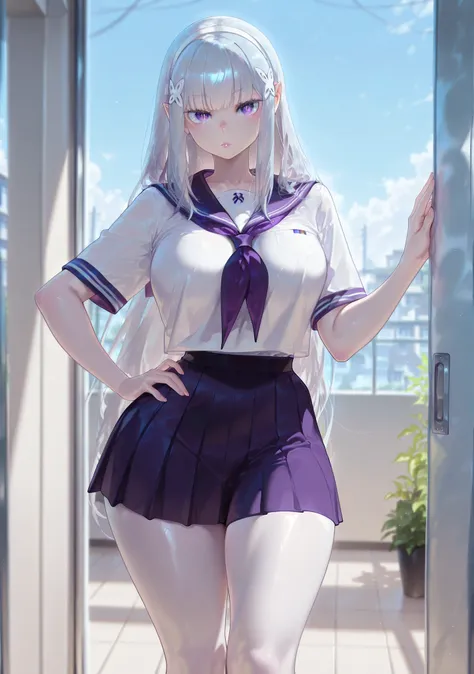 safe_pos, 1girl, Balecxi_Style, Emilia \(Re Zero)\, solo female, indoor, no windows, day time, standing, big breasts, silver hair, long hair, purple eyes, curvy, thick thighs, long legs, school uniform, mini skirt, bare legs, elf, elf ears, white skin, poi...