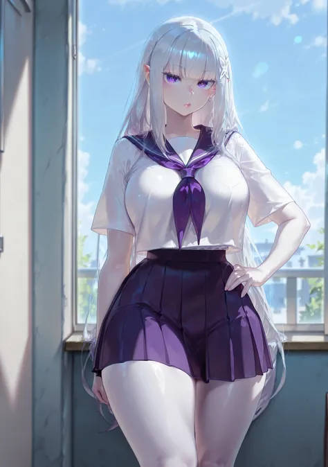 safe_pos, 1girl, Balecxi_Style, Emilia \(Re Zero)\, solo female, indoor, no windows, day time, standing, big breasts, silver hair, long hair, purple eyes, curvy, thick thighs, long legs, school uniform, mini skirt, bare legs, elf, elf ears, white skin, poi...