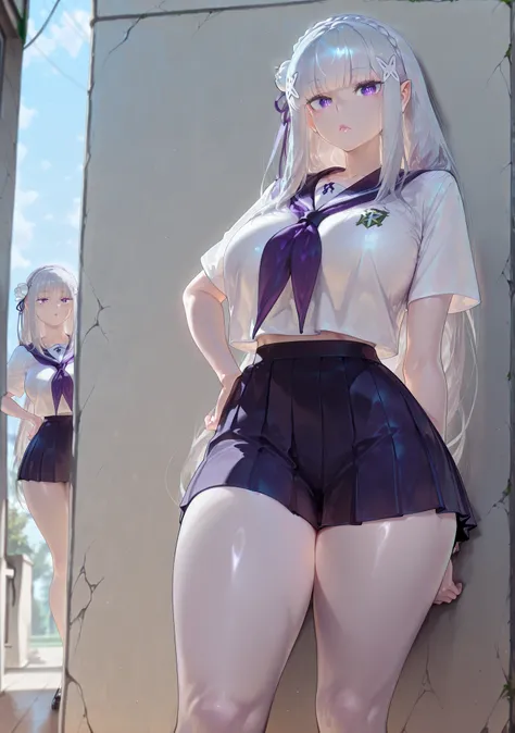 safe_pos, 1girl, Balecxi_Style, Emilia \(Re Zero)\, solo female, no background, not object in the background, in front of a wall, day light, standing, big breasts, silver hair, long hair, purple eyes, curvy, thick thighs, long legs, school uniform, mini sk...