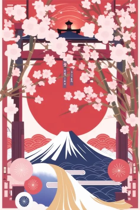 Red Sun、Ukiyo-e style、Mt. Fuji、Katsushika Hokusai、cherry blossoms、shrine、In the precincts of Torii、Kyoto、cherry blossomsの花びらが風に舞っている、bright atmosphere、Bamboo Tiger、Mei Ying Ying、