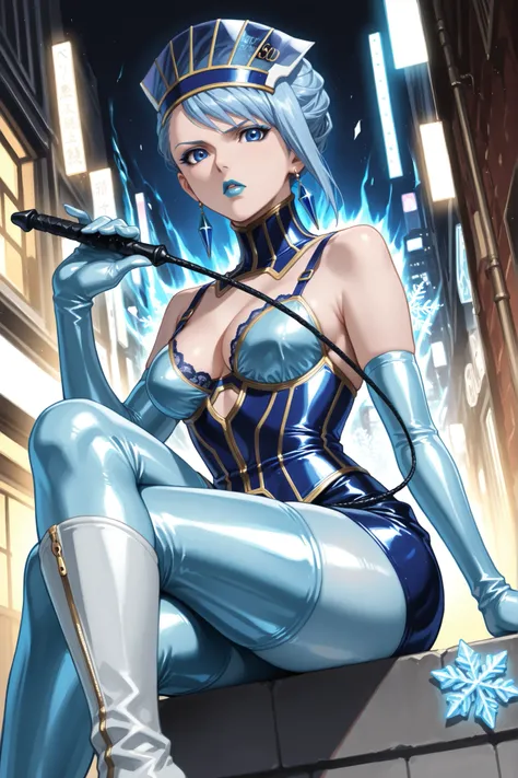(((sitting cross-legged)))、holding a riding whip in hand:1.3、holding riding crop:1.4、Queen、((( 1 woman)))、(((solo:1.8)))、((( blue latex elbow gloves :1.4)))、((( blue latex corset dress :1.4)))、(((The corset dress is decorated with beautiful lace)))、(((cors...