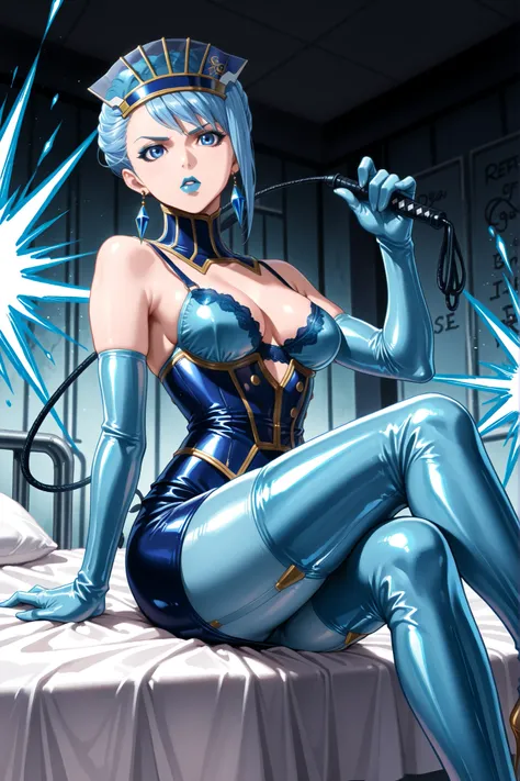 (((sitting cross-legged)))、holding a riding whip in hand:1.3、holding riding crop:1.4、Queen、((( 1 woman)))、(((solo:1.8)))、((( blue latex elbow gloves :1.4)))、((( blue latex corset dress :1.4)))、(((The corset dress is decorated with beautiful lace)))、(((cors...