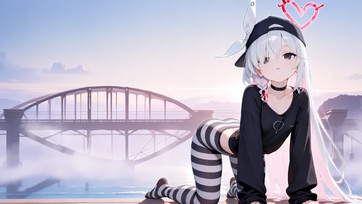 plana \(blue archive\) black eyes,long hair, white hair,braid,bow hairband,heart halo,choker, 1girl, detailed, masterpiece,  solo, front view, (striped pantyhose:1.3), black and white pantyhose, outline, leaning backward, bridge pose, straight-on, black lo...