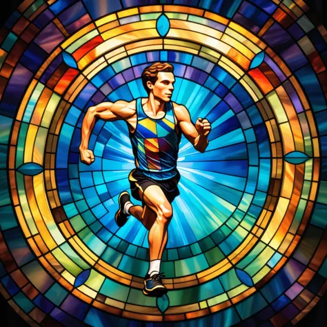 Stained-glass style illustration of a floating ((Short-distance running)), centered in the image, appearing to hover in mid air. The ((Short-distance runing)) is meticulously rendered in warm-toned shades, featuring mosaic-like details and vivid artistic e...