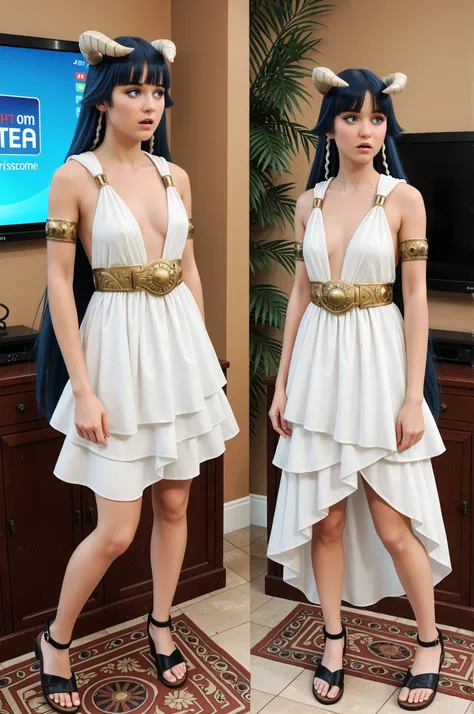 1girl, SaphirMaasa, 150cm, very long hair, blue hair, blue eyes, hair tubes, blunt bangs, horns, ancient Greek clothes, small breasts, sleeveless dress, white dress, sandals, belt, armlet, alone, confused expression, looking at a TV with an animated versio...
