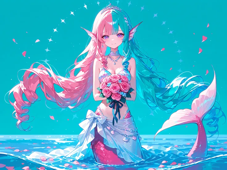 (MULTICOLORED HAIR, TWO-TONE HAIR,MIX OF turquoise AND VIOLET-pink HAIR,SPLIT-COLOR HAIR,) The France Queen mermaid. She has pink skin covered with scales. She has pink ear fins with silver seashell earrings. she has a purple eyes.  She has kinky hair with...