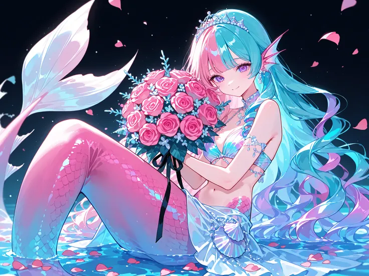 (MULTICOLORED HAIR, TWO-TONE HAIR,MIX OF turquoise AND VIOLET-pink HAIR,SPLIT-COLOR HAIR,) The France Queen mermaid. She has pink skin covered with scales. She has pink ear fins with silver seashell earrings. she has a purple eyes.  She has kinky hair with...