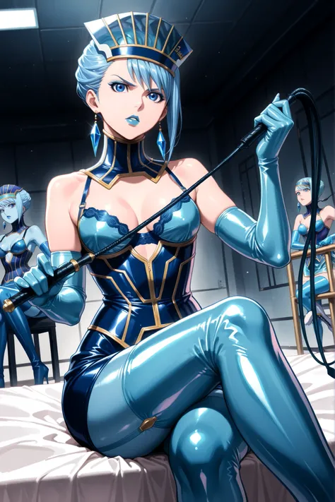 (((sitting cross-legged)))、holding a riding whip in hand:1.3、holding riding crop:1.4、Queen、((( 1 woman)))、(((solo:1.8)))、((( blue latex elbow gloves :1.4)))、((( blue latex corset dress :1.4)))、(((The corset dress is decorated with beautiful lace)))、(((cors...