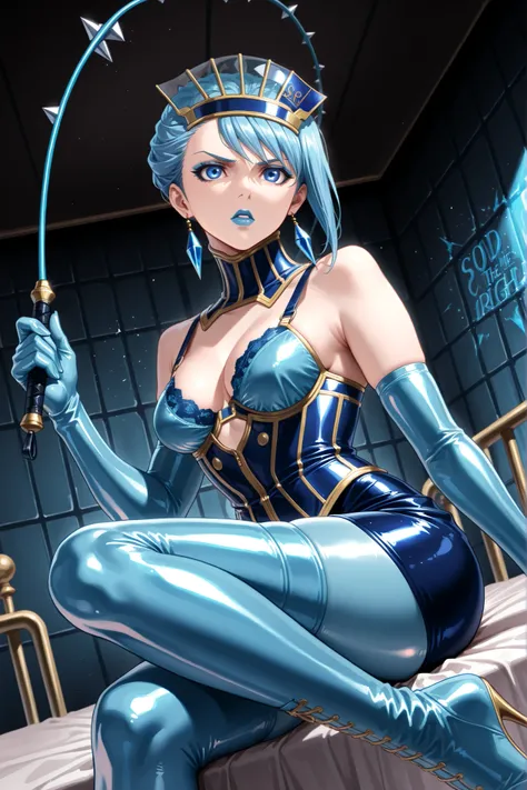 (((sitting cross-legged)))、holding a riding whip in hand:1.3、holding riding crop:1.4、Queen、((( 1 woman)))、(((solo:1.8)))、((( blue latex elbow gloves :1.4)))、((( blue latex corset dress :1.4)))、(((The corset dress is decorated with beautiful lace)))、(((cors...