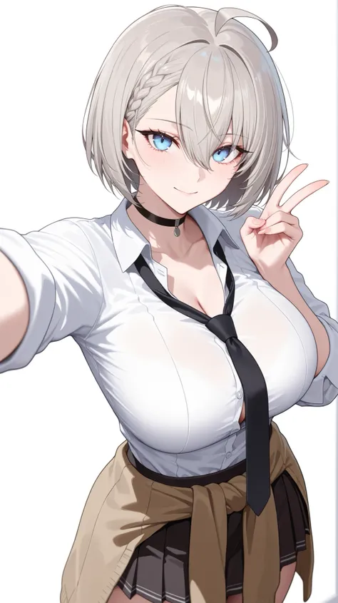 1girl, solo, anime girl, elegant, badass, baltimore, masterpiece, very aesthetic, grey hair, ahoge, short hair, french braid, hair between eyes, bob cut, light blue eyes, sharp eye outlines, long eyelashes, looking at viewer, small smile, big breasts, curv...