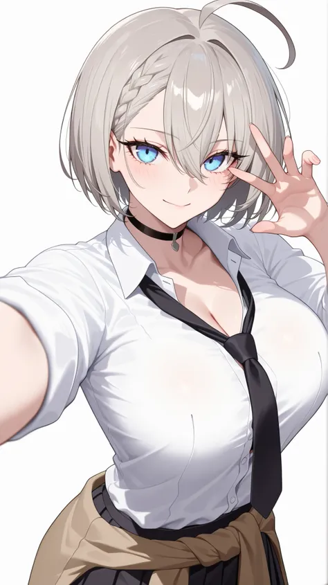 1girl, solo, anime girl, elegant, badass, baltimore, masterpiece, very aesthetic, grey hair, ahoge, short hair, french braid, hair between eyes, bob cut, light blue eyes, sharp eye outlines, long eyelashes, looking at viewer, small smile, big breasts, curv...