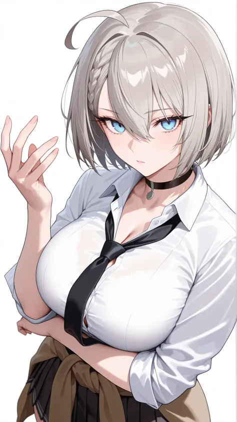 1girl, solo, anime girl, elegant, badass, baltimore, masterpiece, very aesthetic, grey hair, ahoge, short hair, french braid, hair between eyes, bob cut, light blue eyes, sharp eye outlines, long eyelashes, looking at viewer, big breasts, curvy body, white...