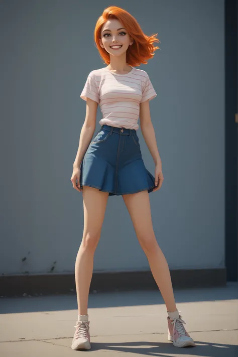 One character Girl with orange hair Invincible Style (Ryan Ottley) loose-cut striped t-shirt jumpsuit skirt with super short loose strap denim and Sneakers large loose-fitting t-shirt fringed orange hair with smiling one character sexy body sexy legs strap...