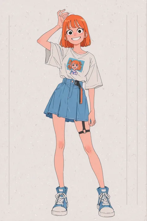 One character Girl with orange hair Invincible Style (Ryan Ottley) loose-cut striped t-shirt jumpsuit skirt with super short loose strap denim and Sneakers large loose-fitting t-shirt fringed orange hair with smiling one character sexy body sexy legs strap...