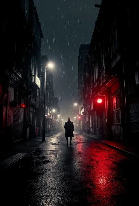 a deserted and dark street of a megalopolis at night, in a dark and modern style, electro, rain, smoke, tech-black, red neon lights, night,  shot on sony a1, 85mm F/1. 4 ISO 100, medium format, 45 megapixel, flash lighting, natural moon lighting, high cont...