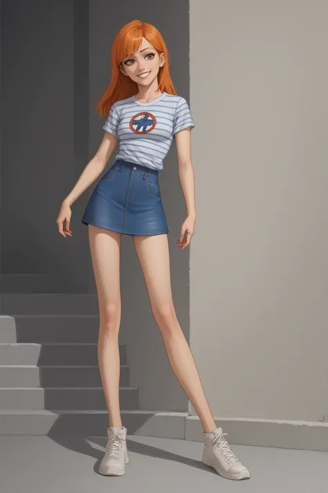 One character Girl with orange hair Invincible Style (Ryan Ottley) loose-cut striped t-shirt jumpsuit skirt with super short loose strap denim and Sneakers large loose-fitting t-shirt fringed orange hair with smiling one character sexy body sexy legs strap...