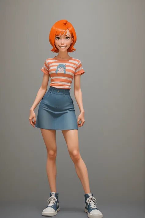 One character Girl with orange hair Invincible Style (Ryan Ottley) loose-cut striped t-shirt jumpsuit skirt with super short loose strap denim and Sneakers large loose-fitting t-shirt fringed orange hair with smiling one character sexy body sexy legs strap...