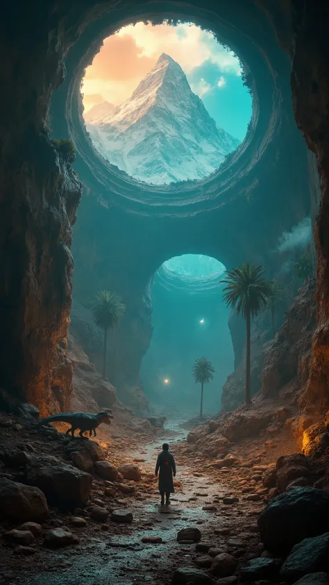 high-definition images、カイラス山の地下にある、シャンバラ in the Underworld、Explore、Ethan Hunt、Beautiful futuristic buildings in the seven-color sky、恐竜も歩き回る