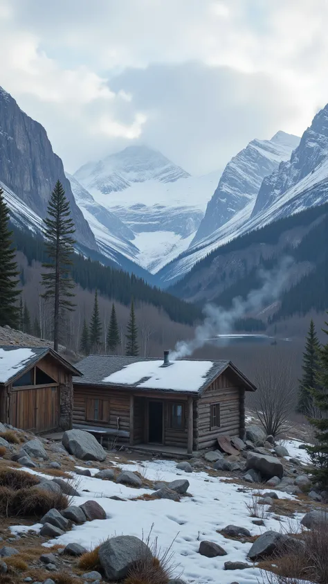 high-definition images、log house where Wyatt Earp lives in the Rocky Mountains of Alaska、The