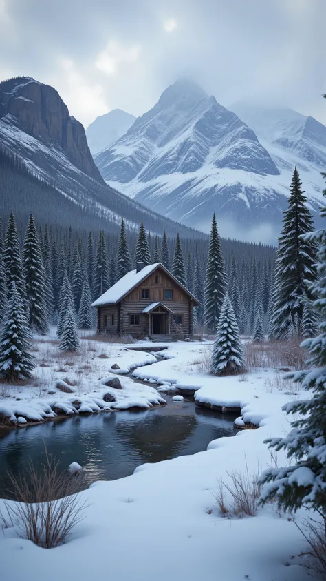 high-definition images、log house where Wyatt Earp lives in the Rocky Mountains of Alaska、The secluded house where Wyatt Earp lives
