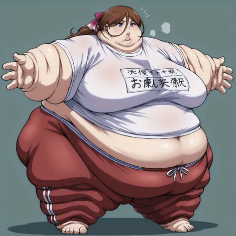 kenshinsatsuki, purple eyes, brown hair, hair between eyes, hair ribbon, long hair, ponytail,  training shirt, training pants with Elastic Waistband, fat, chubby, obese, fat neck, multiple chins, big breasts open mouth, out of breath, Larger female, full b...