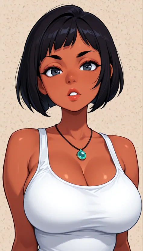 black hair, short bob hair, black thin eyebrows, necklace, jewelry, solo, teeth, tank top, breasts, dark skin, looking at viewer, lips, nose, dark-skinned female, large breasts, parted lips