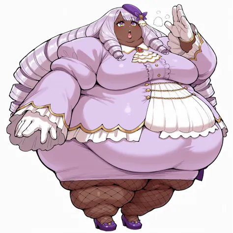 jacinthe, long hair, bangs, purple hair, dark-skinned female, drill hair,multicolored eyes,
hair ornament, long sleeves, jewelry, puffy sleeves, juliet sleeves, fishnets, purple footwear, beret, white gloves, ascot, purple dress, fishnet_pantyhose, fat, ch...