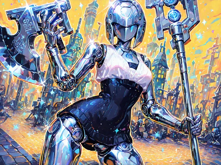 (doll joints,metallic skin, silver metal skin,Robogirl,Robot Girl,xxx667_illu,) The girl is a iron doll (mechanical robot woodcutter) cast from metal. she has an articulated doll's body and metal joints. There are rivets on the body.  There are traces of r...