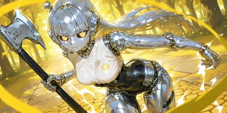  (doll joints,metallic skin, silver metal skin,Robogirl,Robot Girl,) The girl is a iron doll (mechanical robot woodcutter) cast from metal. she has an articulated doll's body and metal joints. There are rivets on the body.  There are traces of rust and met...