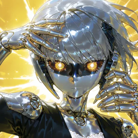 (Portrait, close-up focus on face) (doll joints,metallic skin, silver metal skin,Robogirl,Robot Girl,) The girl is a iron doll (mechanical robot woodcutter) cast from metal. she has an articulated doll's body and metal joints. There are rivets on the body....