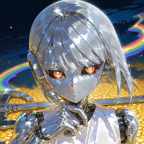 (Portrait, close-up focus on face) (doll joints,metallic skin, silver metal skin,Robogirl,Robot Girl,) The girl is a iron doll (mechanical robot woodcutter) cast from metal. she has an articulated doll's body and metal joints. There are rivets on the body....