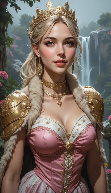 A detailed portrait of a princess wearing a luxurious fur cape over a royal dress, the dress's bodice is laced up and overlooks a medium-sized breast with pink nipples, she has a warm smile on her face, lush waterfall in the background, colorful flowers su...