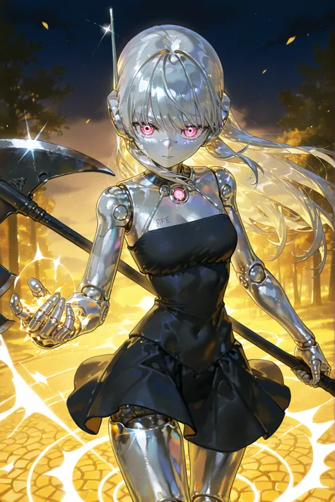 (doll joints,metallic skin, silver metal skin,Robogirl,Robot Girl,) The girl is a iron doll (mechanical robot woodcutter) cast from metal. she has an articulated doll's body and metal joints. There are rivets and traces of rust and metallic oxidation on he...