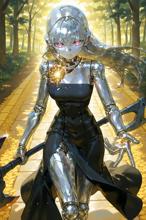 (doll joints,metallic skin, silver metal skin,Robogirl,Robot Girl,) The girl is a iron doll (mechanical robot woodcutter) cast from metal. she has an articulated doll's body and metal joints. There are rivets and traces of rust and metallic oxidation on he...