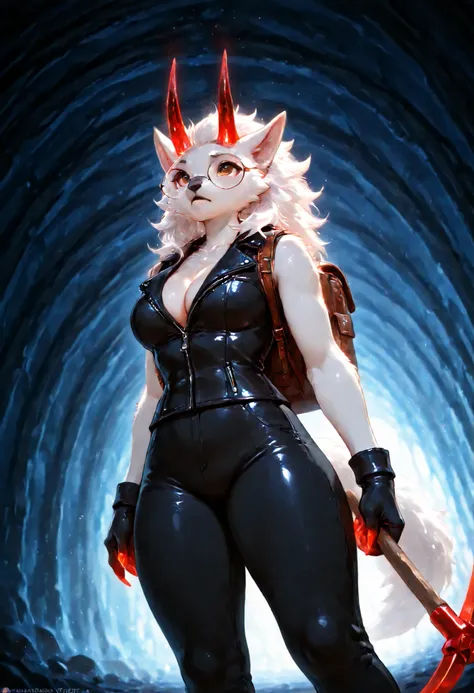 sharrax, ((((anthro)))), ((female)), straight glowing horns,red glowing claws, pitch black body fur, luminous white mane, luminous white-black tail,abstract painting, perspective, fantasy, underground, inside a huge cave, amethyst, crystal, solo, looking u...