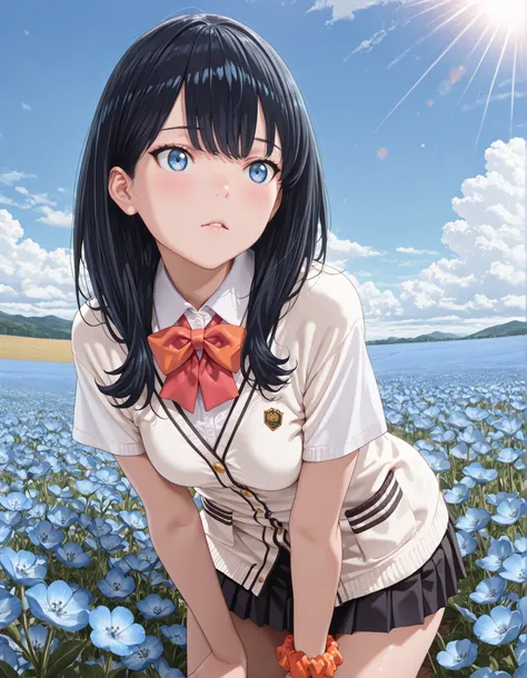 (1girl, solo:1.3), masterpiece,best quality,amazing quality, ((tkrdrkk, long hair, black hair, choppy bangs, blue eyes, short sleeves, orange scrunchie, white shirt, collared shirt, red bowtie, black skirt, miniskirt, pleated skirt, rikka, black hair, long...